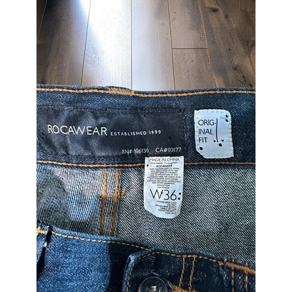Rocawear Original Fit Jeans Mens 36x32 Blue Baggy WideLeg Embroidered Y2K HipHop